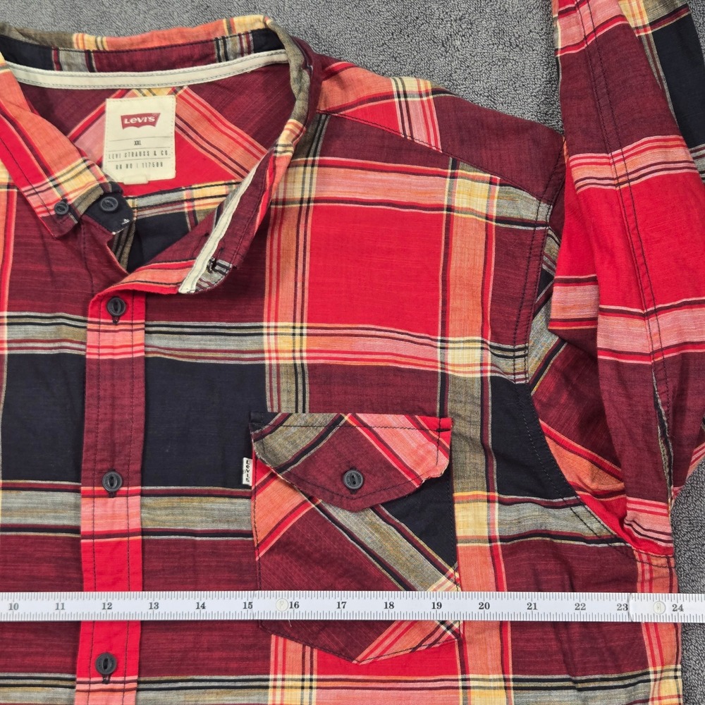 Levis Button Down Shirt Mens XXL Red Black Plaid 3LDLW1551 Excellent Long Sleeve - Picture 7 of 16